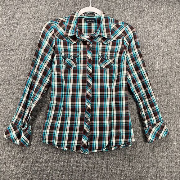 Ariat Pendleton Shirt Womens S Plaid Metal Snap On Studded Western Ranch Grunge - Picture 1 of 12